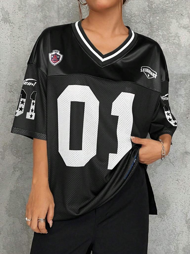 American Sports Fashion V-Neck T-Shirt Street Y2K Hip-Hop Jersey Women's Loose Breathable Quick Drying Casual Versatile Top