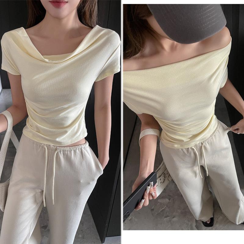 Spring and Summer Solid Color One-word Shoulder Short-sleeved T-shirt Short-sleeved Women's Design Sense Slim and Thin Stacked Scarf Collar Top
