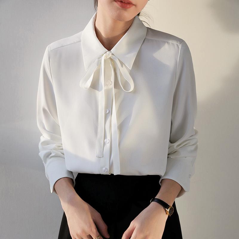 

Women s Professional White Long Sleeve Shirt with Tie Detail - Ideal for Teacher Interviews and Commuting Large білий