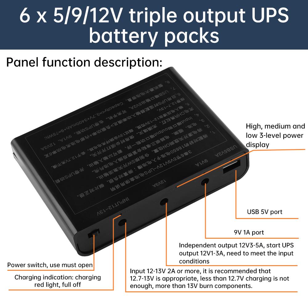 DC UPS 6-Cell 18650 Battery No-Solder DIY Kit 5V/9V/12V 60W Peak Power for Router/Modem Uninterruptible Power Supply