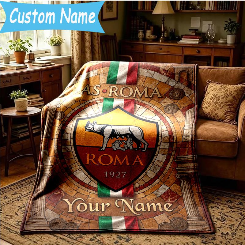 Custom Name Roma Football Club Emblem Blanket Bedding Blanket for Women Men, Soft Throw Blankets for Couch,Bed, picnic, Christmas gifts