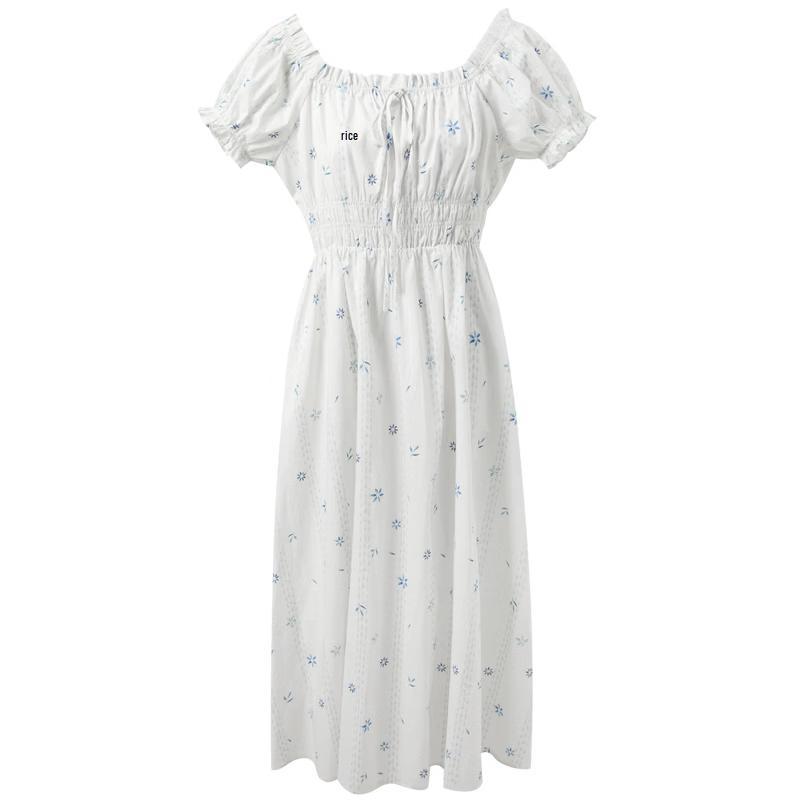 Sancai Women s 100% Cotton Floral Square Neck Puff Sleeve A-Line Long Dress S