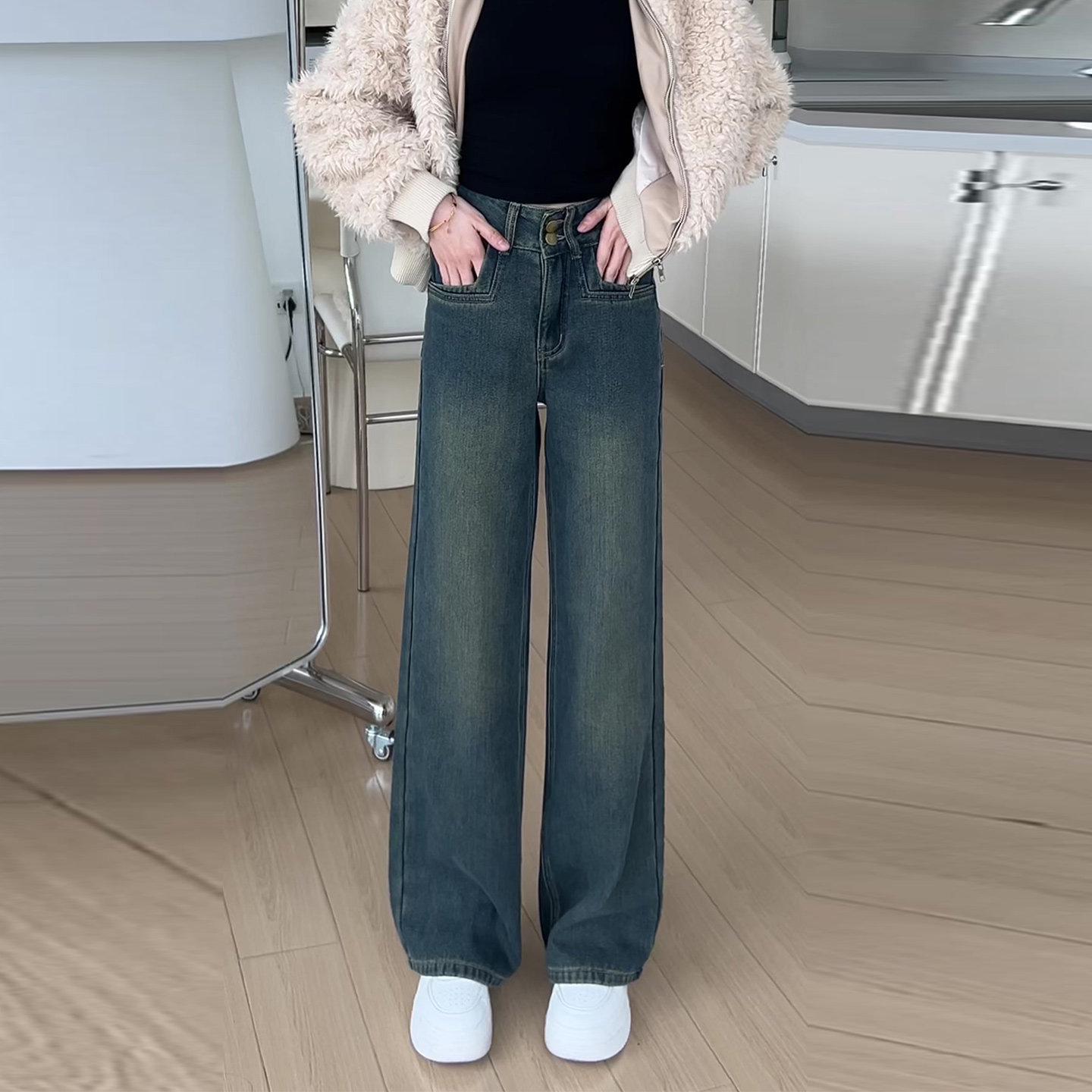 

Retro High-Waisted Wide-Leg Jeans for Women - Spring 2026 Elegant Slimming Fashion S синій