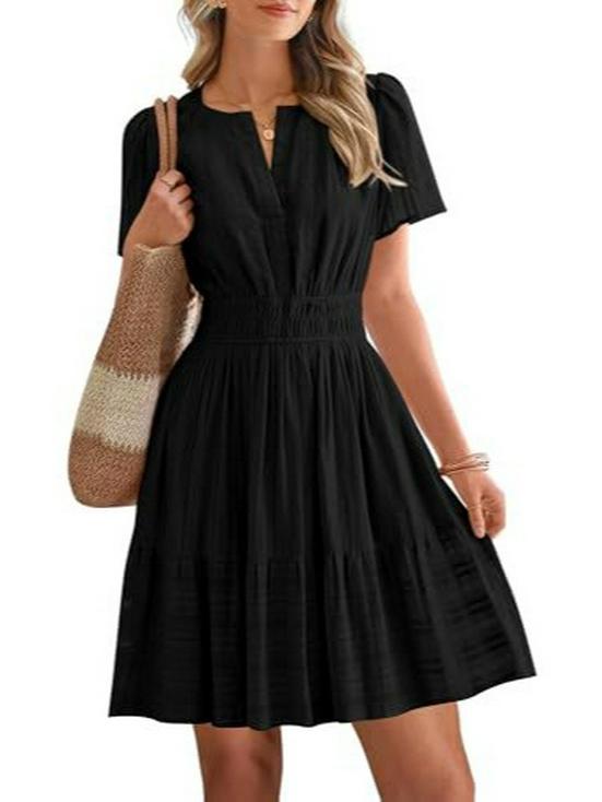 European & American V-neck Pleated Puff Sleeve Layered Dress for Women