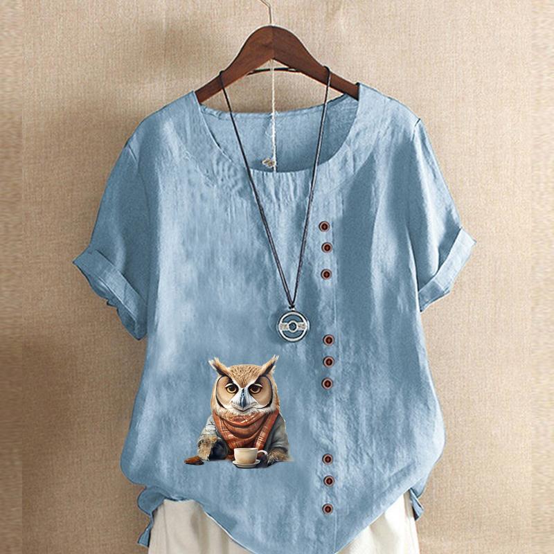 Women's Fashion Owl Prined Short Sleeve T-shirt Loose Cotton Shirt Casual Loose Summer Blouse Plus Size Tops