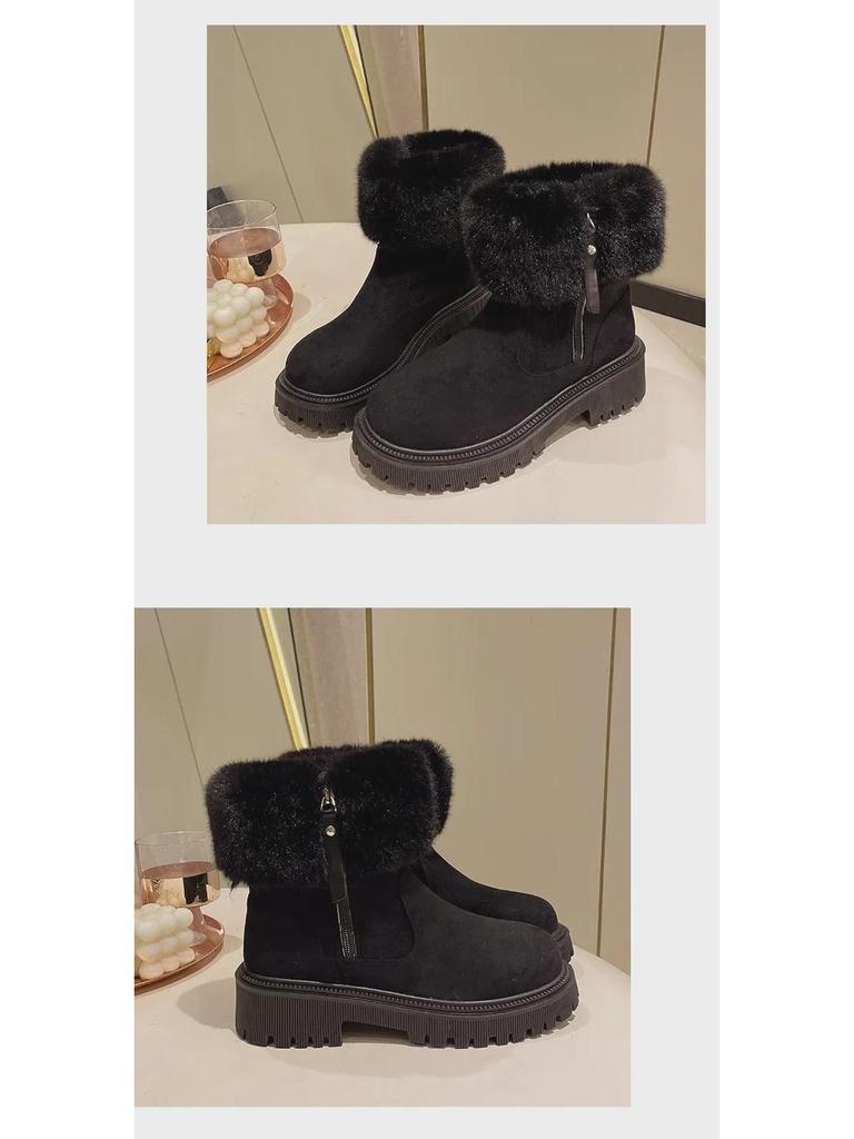 Women's Furry Snow Boots with Side Zipper and Thick Sole