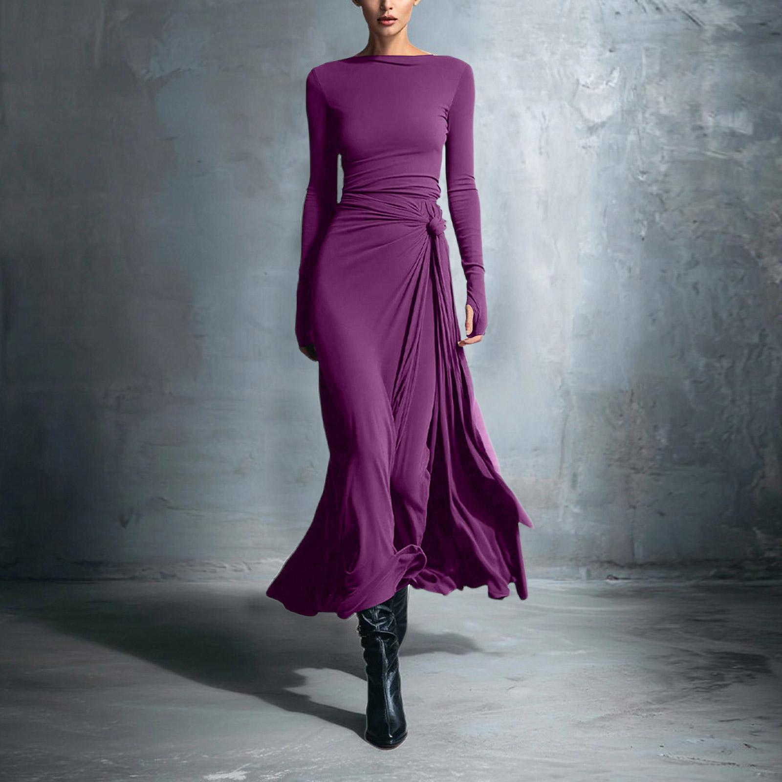 

Women s Color Round Neck Long Sleeved Waist Cinched Dress M фіолетовий