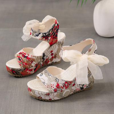 Sandales à Imprimé Floral pour Femmes à la Mode Décor Nœud en Maille Compensées à Lanières Sandales à Talons à Bout Ouvert Chaussures à Plateforme à Sangle de Cheville Sandales de Robe