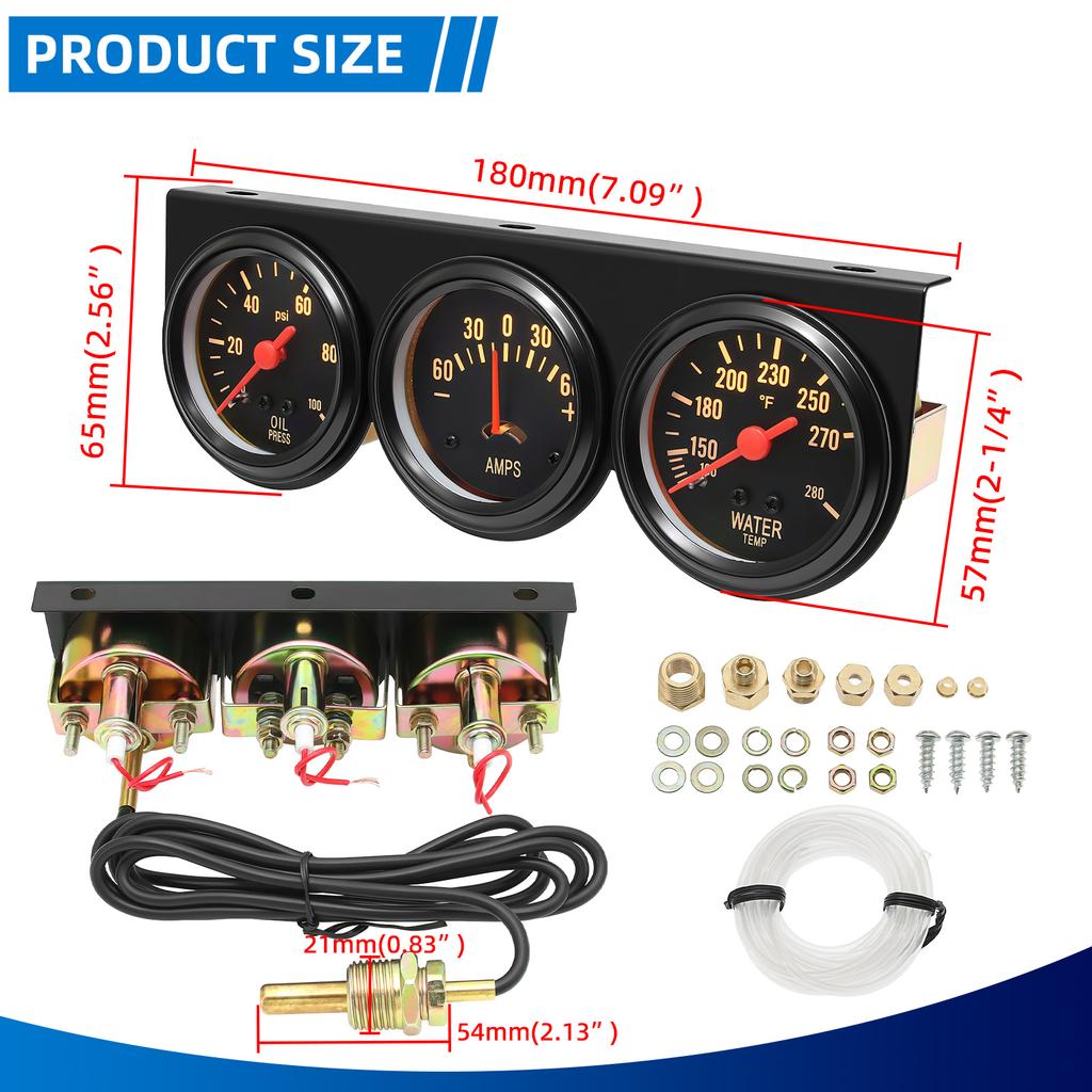 Dreifach-Anzeigen-Set 2 Zoll 52 mm Wassertemperaturanzeige 280 ℉ 3-in-1 Stromstärkemesser Öldruckmesser 100 psi Universell für 12V Autos