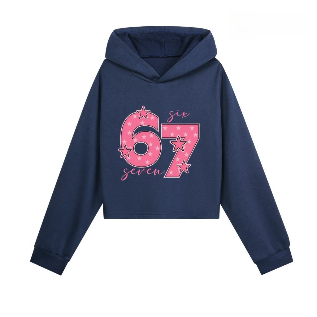 5291 Barnflickor Steal a Brainrot 67 Mönstrade Casual Långärmade Korta Hoodies