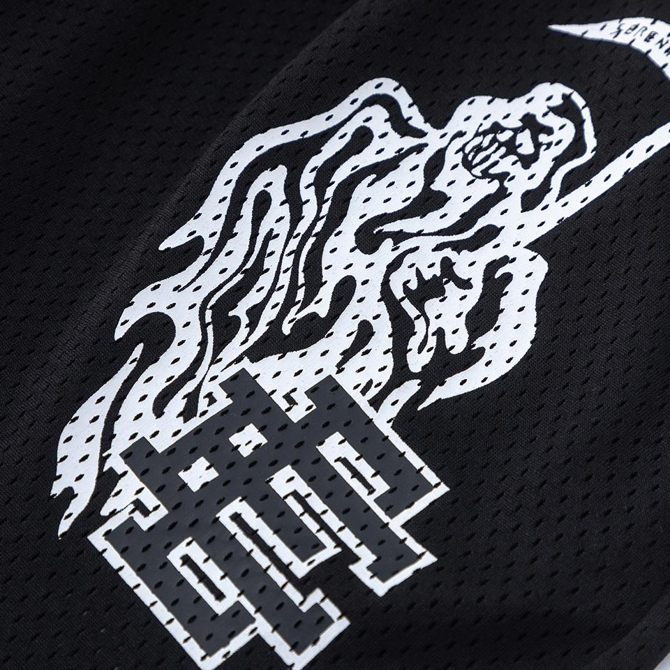 EES-10 Heren Mesh Atletische Korte Broek, Zwart Grim Reaper Print Ademend Zomer Straat Strand Boardshort