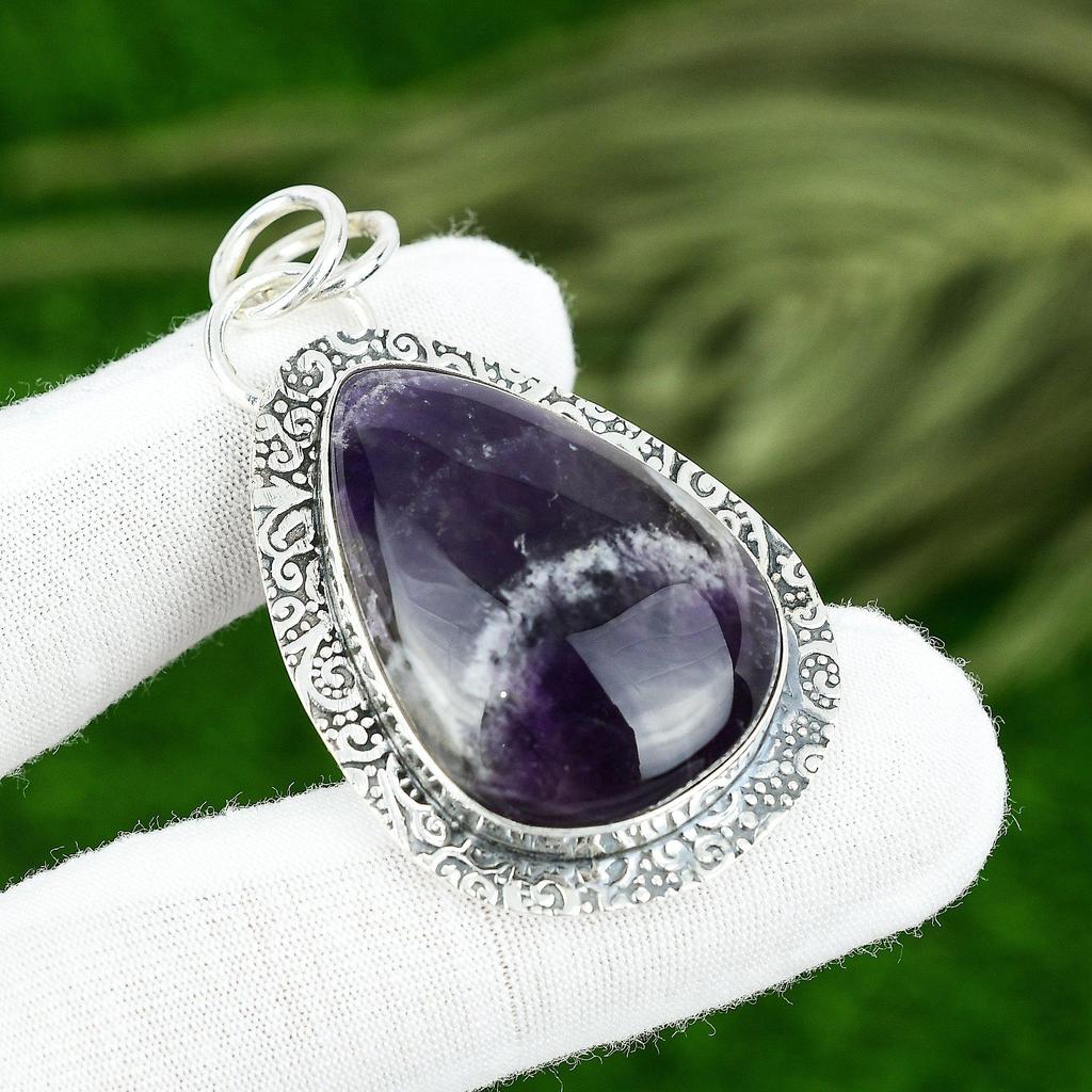 Pear Crown Chakra Chevron Amethyst Stone Wedding Pendant Jewelry Sterling Silver