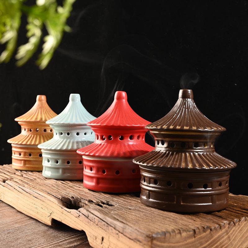 Colorful Ceramic Pagoda Incense Burner - Antique Temple of Heaven Aroma Tower for Home Decor
