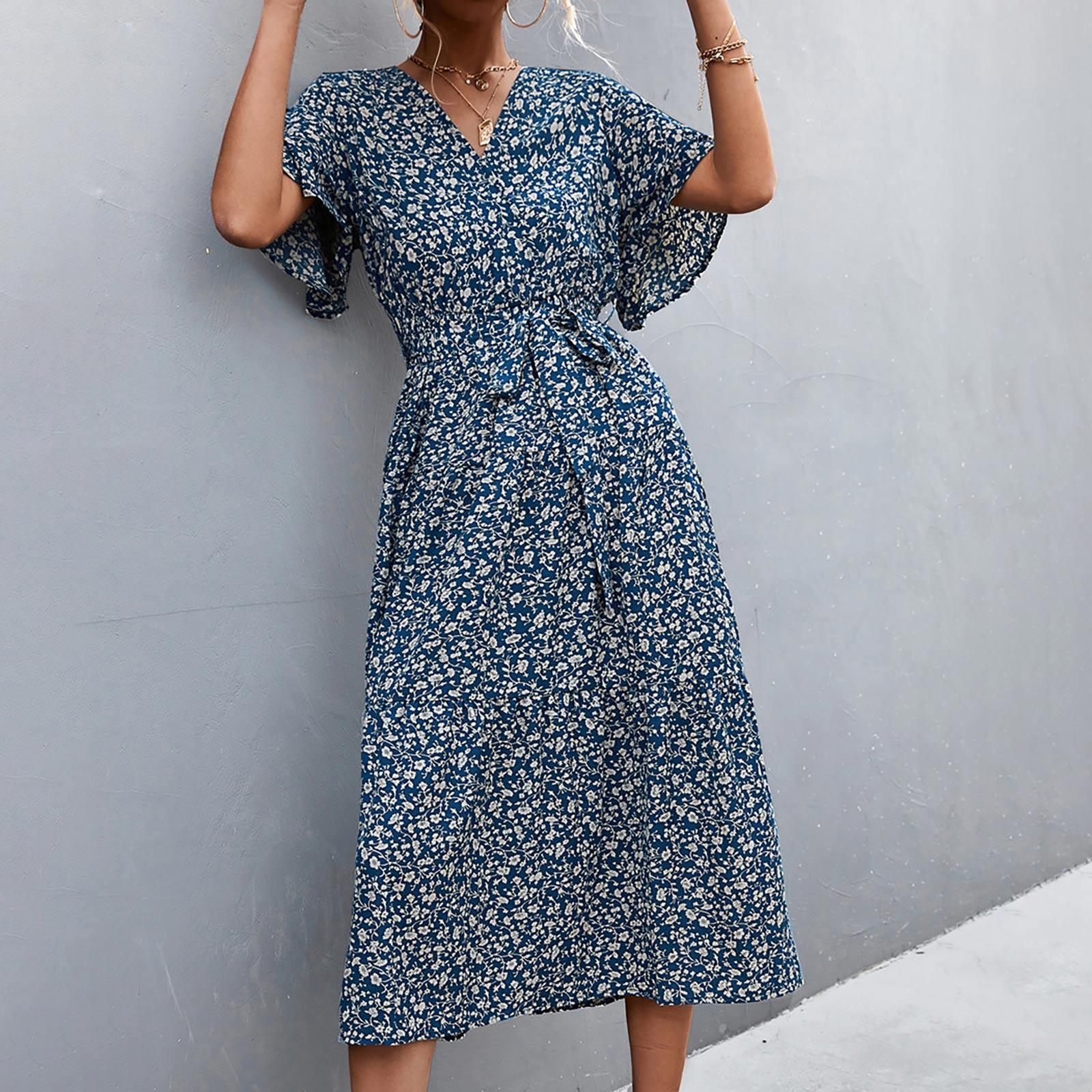 

Женское летнее модное платье с v-образным вырезом и цветочным принтом с короткими рукавами L синий