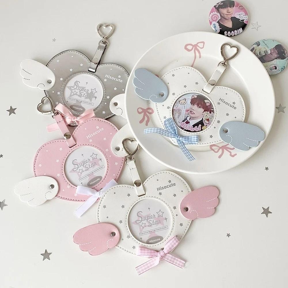 Durable Waterproof Pendant Keychain Angel Wings Clear Window Photocard Holder Pu Leather Badge Holder
