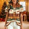 Women's Casual V-Neck Ruffle Short Sleeve Button-Front Top with Christmas Print
