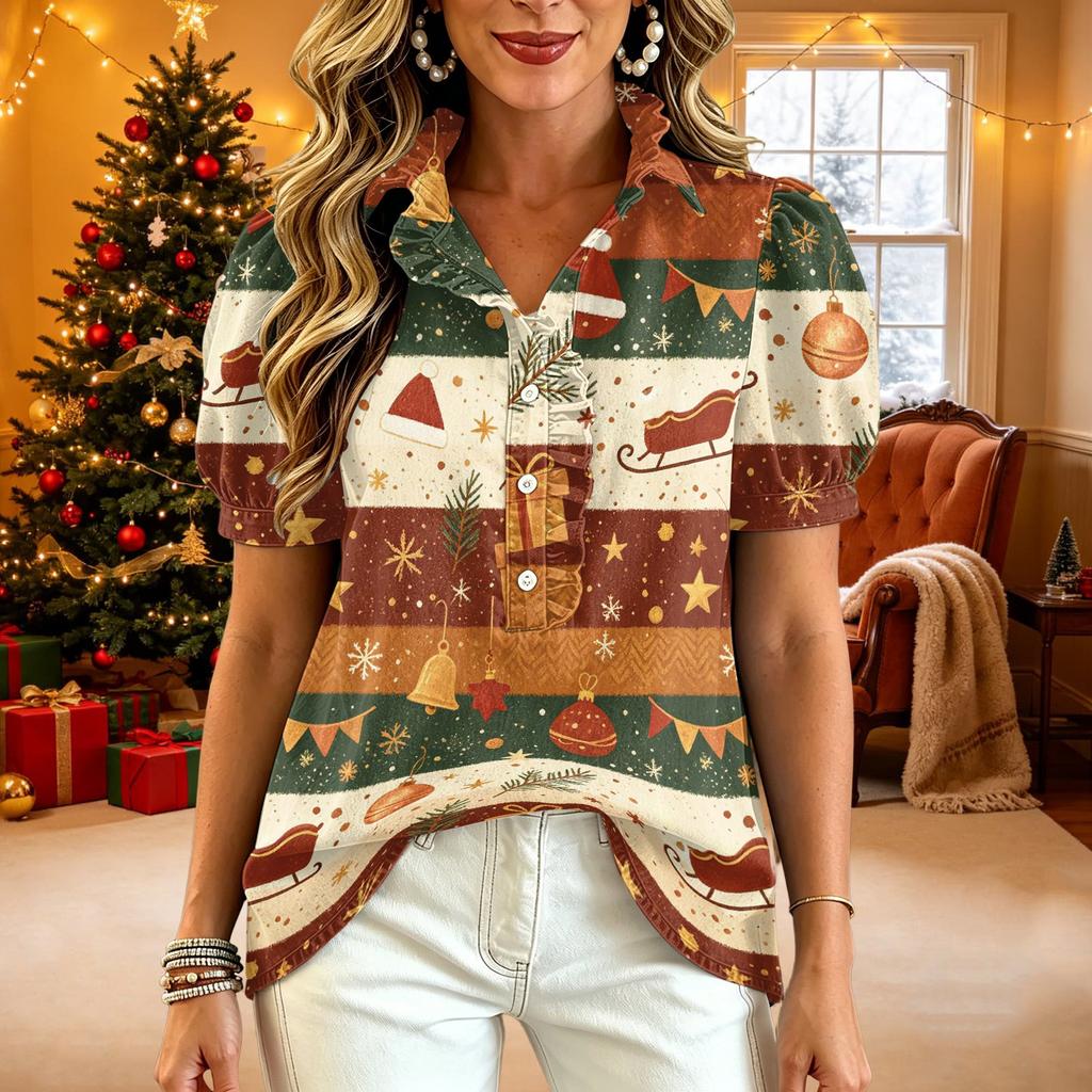 Women's Casual V-Neck Ruffle Short Sleeve Button-Front Top with Christmas Print