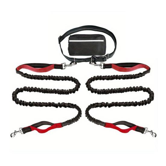 Dog Leash with Waist Bag Reflective Retractable Leash for Two Dogs Hands-Free Running Leash with Padded Handles Night Safety Walking Gear
