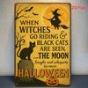 Vintage Halloween Metal Sign 8x12, Funny Black Cat Witch Tin Plaque, Retro Wall Art for Home Bar Cafe
