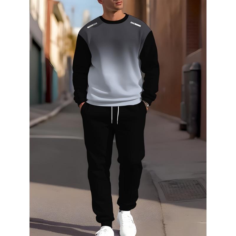 Herbst Freizeit Herren Langarm Set Trendiger Farbverlauf Print Outdoor Rundhals Langarm Oberteil & Lässige Hose Zweiteiliges Set