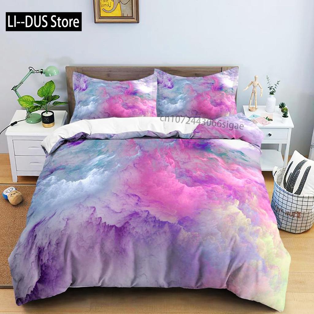 Comforter Colorful Cloud Polyester Orange Yellow Purple Cloud Sky For Teens Girls Abstract Theme Soft Bedding Set