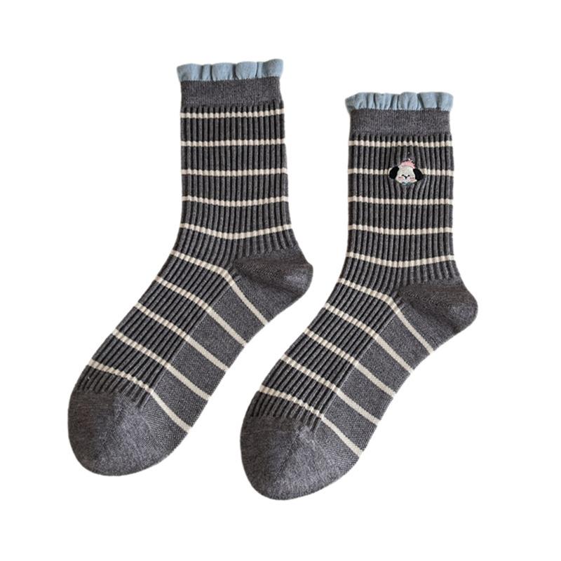 Two Pairs of Grey-colored Imitation Cashmere Striped Socks - Mid-calf Socks with Warm Stitching and Cute Lace Trim.