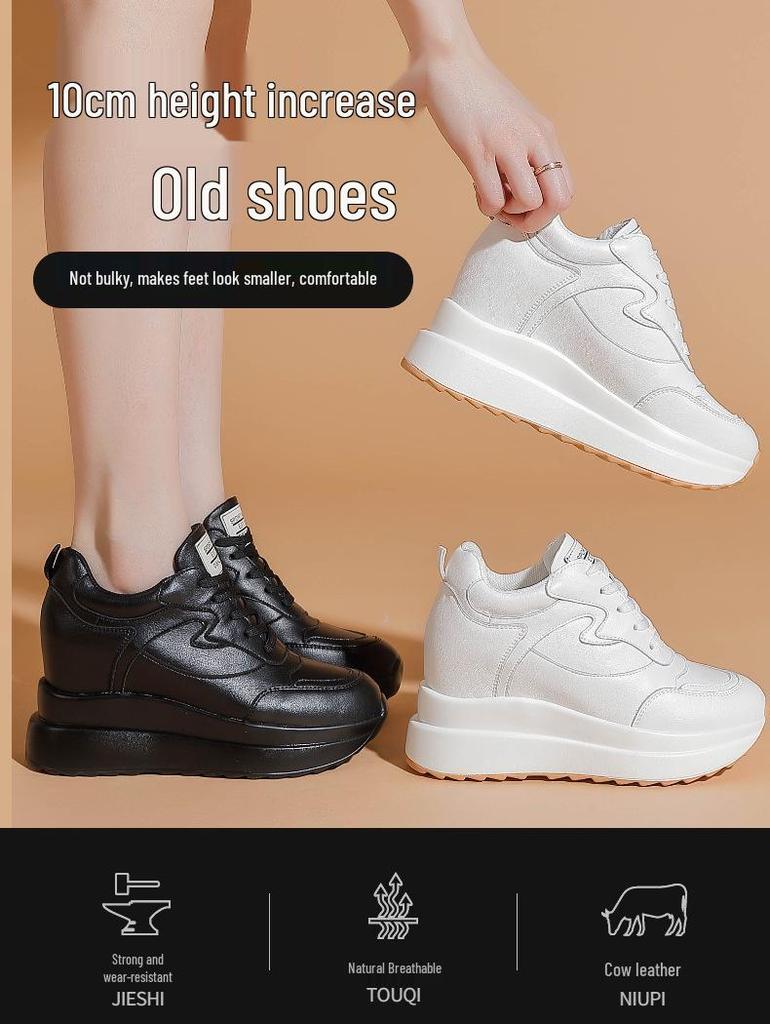 Women's White Genuine Leather Platform Shoes - 10cm Height Increase, Thick Sole, Versatile for All Seasons