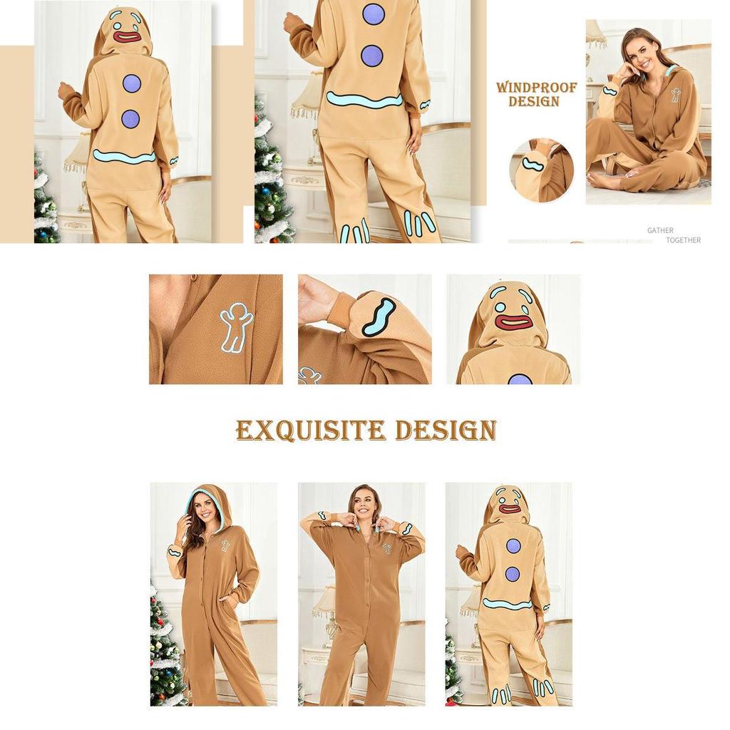 Gingerbread Man Hooded Pajamas Cosplay Costume For Women Boys Girls Xmas
