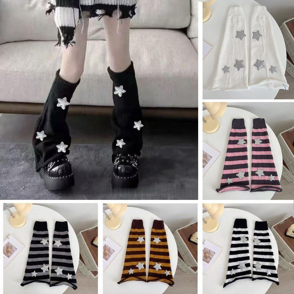 Star Decoration Knit Long Socks Striped Leg Warmers Vintage Boot Cuffs For Women
