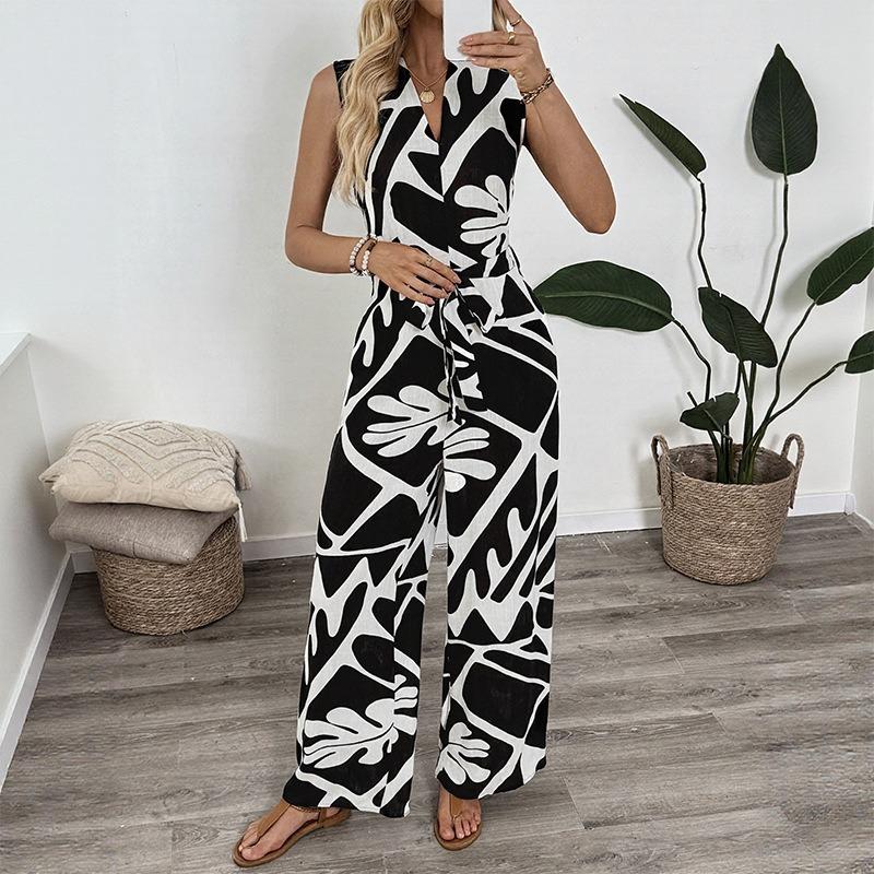 Dame V-hals Jumpsuit Bukser Sommer Ny Pendler Ermeløs Trykt Jumpsuit