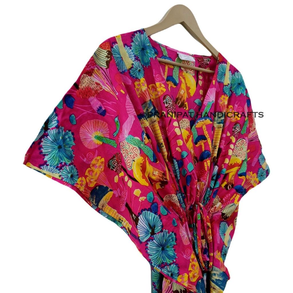 Women Cotton Mashroom Print Sleepwear Pink Boho Beach Cover Summer Caftan Dress CKFTN-SCRN-FULL-BUYIT-193