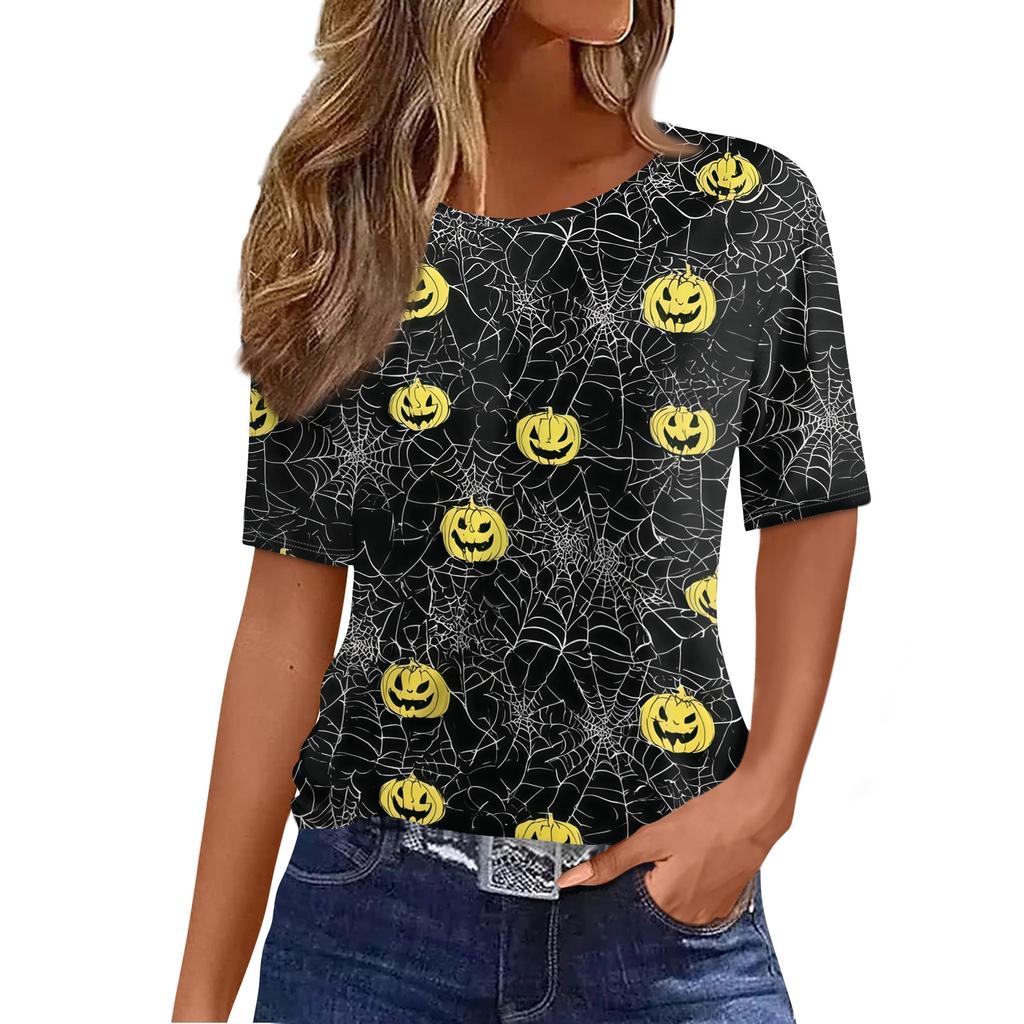Women's Casual Short Sleeve Halloween Pullover Top with Spider Web and Pumpkin Print Round Neck Blouse for Fall Seasonal Wear
