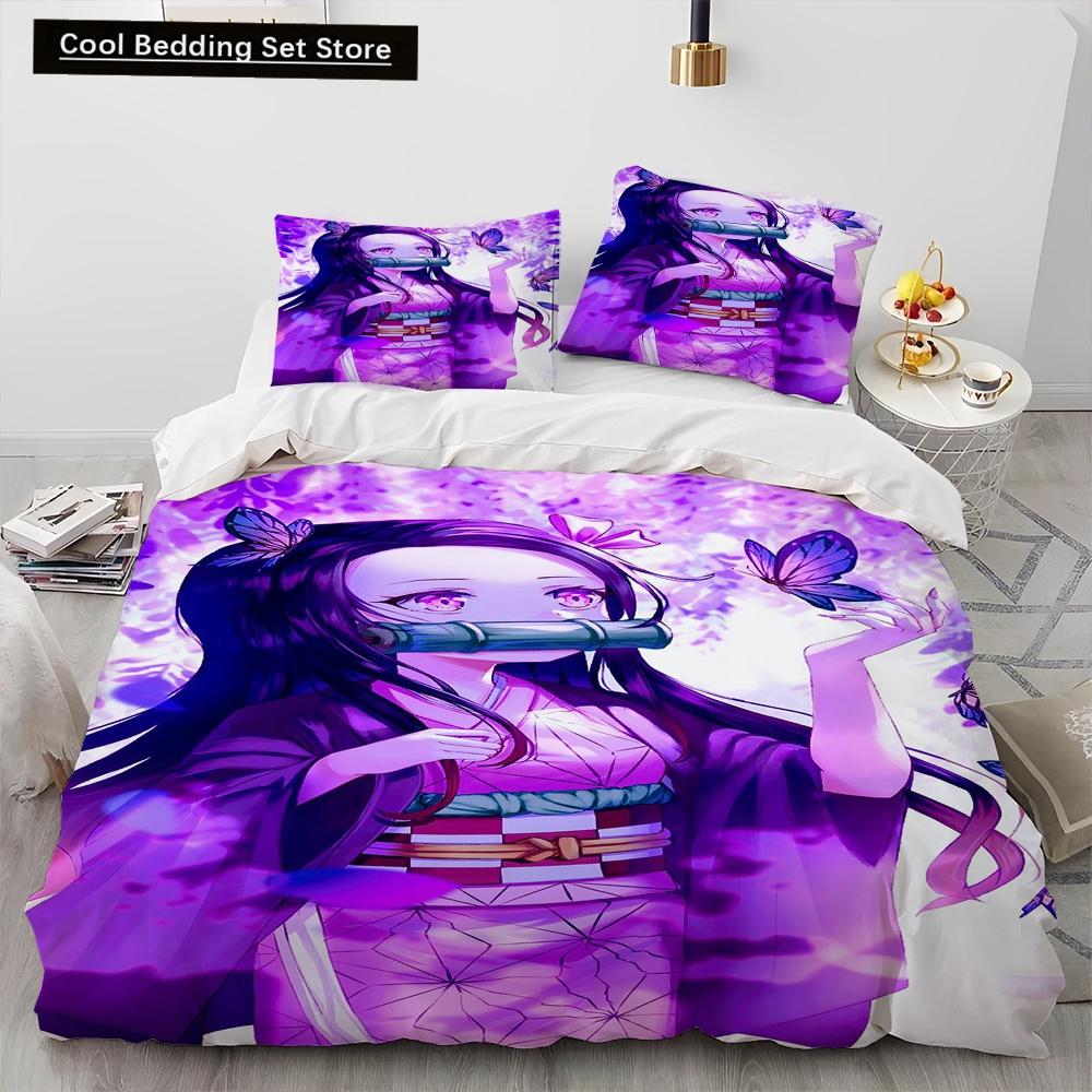 Demon Slayer Bedding Set Kamado Nezuko Duvet Cover Set Bedspread Pillowcase King Queen Full Single Size Bed Linen Kids Teen Gift