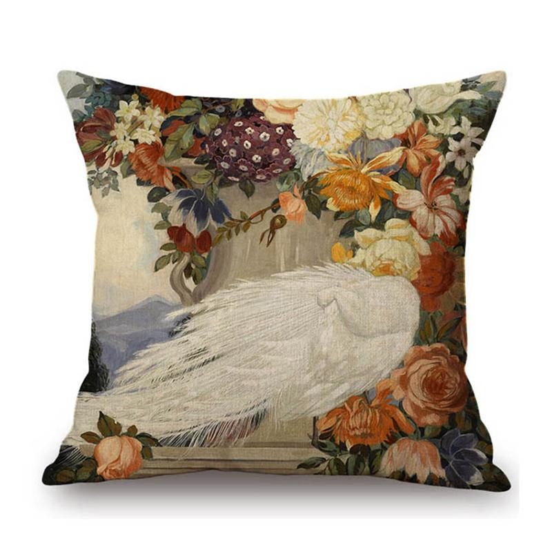 Flower Birds Peacock Floral Oil Painting Parrot Home Decoration Cotton Linen Sofa Throw Pillow Case Beautiful Cushion Cover Case