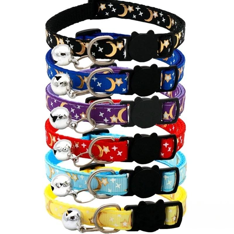 Haustierhalsband Katze Hund Goldfarbe Sterne und Mond Haustierhalsband mit Glocke Reflektierende Sicherheitsschnalle Haustierbedarf