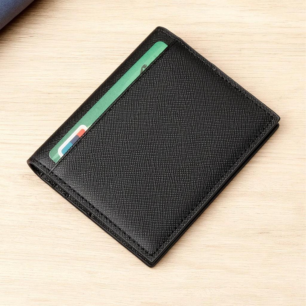 Men's Minimalist Crossgrain Cowhide Leather Card Holder with Logo and Anti-magnetic Feature.