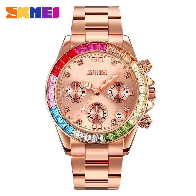 Skmei Orologi da Donna Lunetta Pietre Preziose Arcobaleno Business Lusso Top Brand Orologi al Quarzo Impermeabili Orologi Sportivi