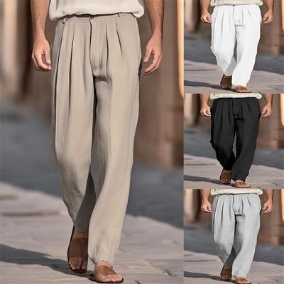 Fashion Men's Linen Pants Front Pocket Pleated Loose Casual Straight Solid Colour Comfortable Breathable Casual Trousers