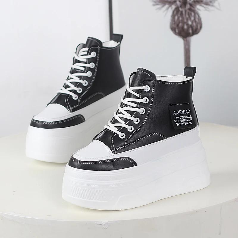 Fashion 12CM Genuine Leather Women Casual White Platform Wedge Skateboard Hidden Heel Shoes Shoes Vulcanize plush Chunky Sneakers