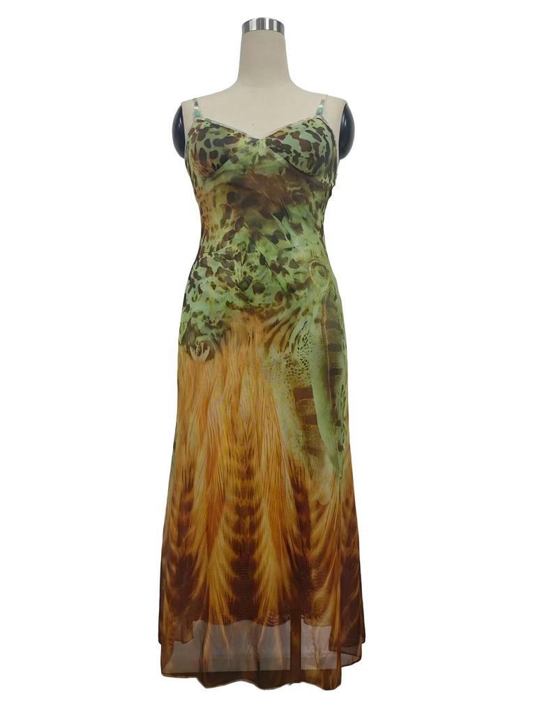 Leopard Print Mesh Camisole Slimming Long Beach Dress 2026