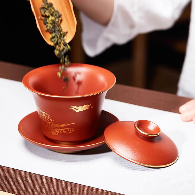 Handmade Yixing Zisha Gaiwan with Gilded Crane Design