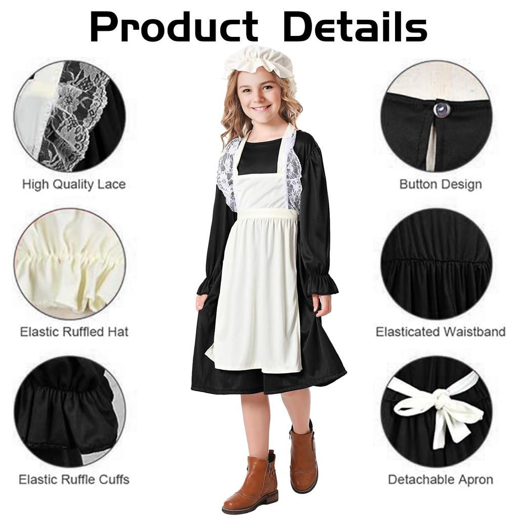 HarnyLoom Britisch-Stil Dienstmädchen Kostüm für Kinder, Halloween Cosplay, Langarmkleid für Mädchen, Niedliches Lolita Kostüm, Perfekt für Halloween-Partys,