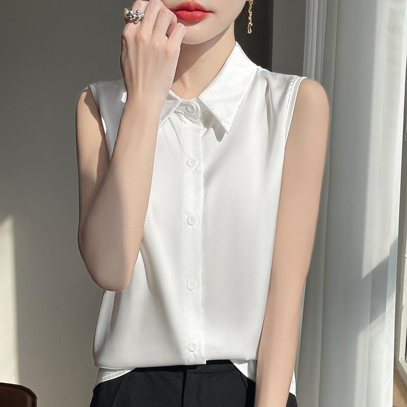 Women's Spring Summer Sleeveless Shirt Collar Silk Satin Blouse Inner Suit Bottom Collar Tank Top