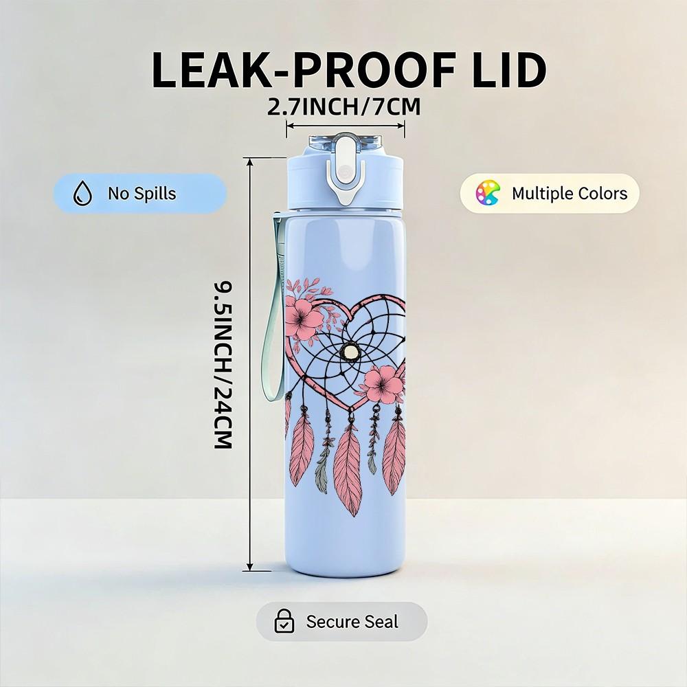 1PC Boho Dreamcatcher Letter Graphic 750ml Color Plastic Sports Water Bottle Leakproof Flip Straw Lid Suitable for Sports Office Home Use