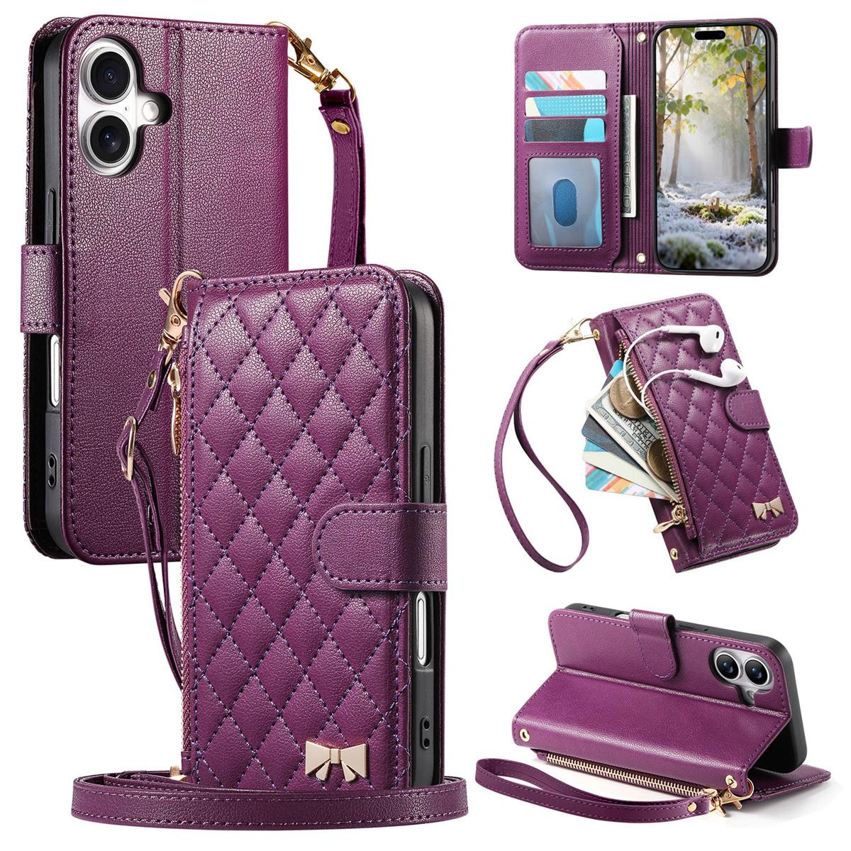 

Zipper Wallet Cards Slot Phone Case for IPhone 17 Pro Max 16 Plus 15 14 13 12 Crossbody Wrist Strap Luxury Leather Flip Cases iPhone Air фиолетовый