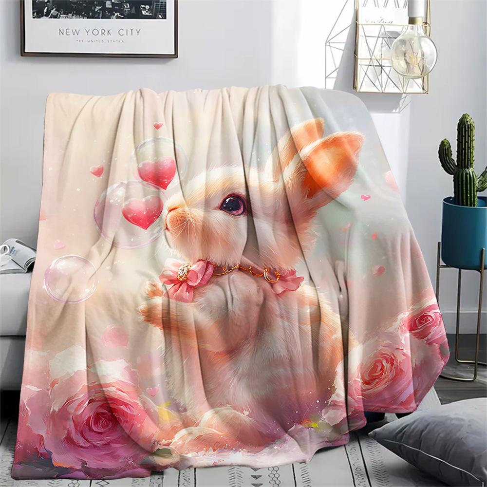 Rabbit Print Flannel Blanket, High quality Comfortable for All Seasons, Home Decor, Warmth and Comfort, Perfect for Christmas Gifts