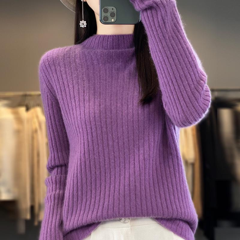 

Женский свитер из чистой шерсти с полувысоким воротником и ребристым узором осень/зима 2024 года — облегающий, универсальный и свободный трикотажный топ Small