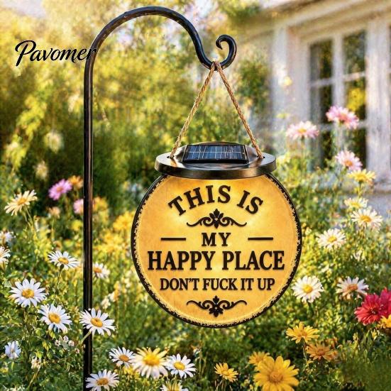 Durable Outdoor Decorative Pendant Luminous Funny Garden Sign, "This Is My Happy Place" Solar Vintage Decor, Farmhouse Cute Light for Patio Wall Art,