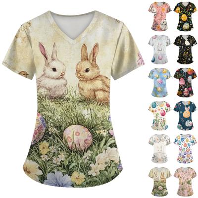 Damenmode V-Ausschnitt Kurzarm Overall mit Taschen Oster-bedruckte Oberteile Kleidung