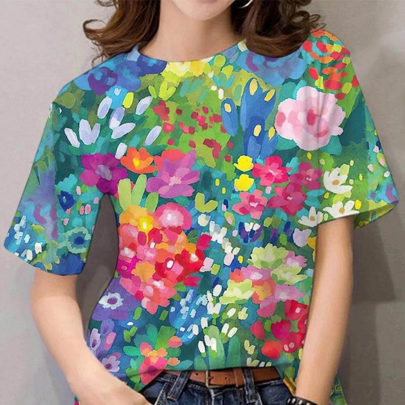 Moda Donna Girocollo Manica Corta Stampa Floreale 3D T-shirt a Manica Corta Girocollo con Fiori Colorati
